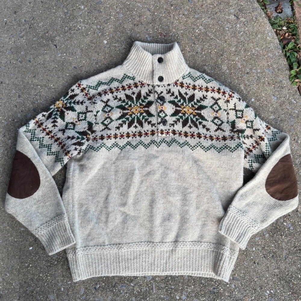 Polo Ralph Lauren Men XL Wool Alpaca Fair Isle Snowflake Elbow Patch Sweater